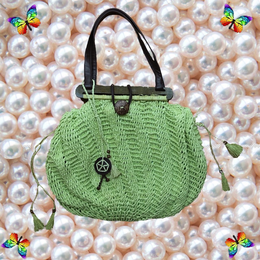 💚Straw Crochet Wicker Style Green Tote Purse💚